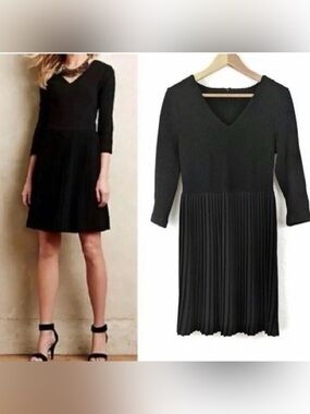 Ganni Black V-Neck Pleated Mini Dress